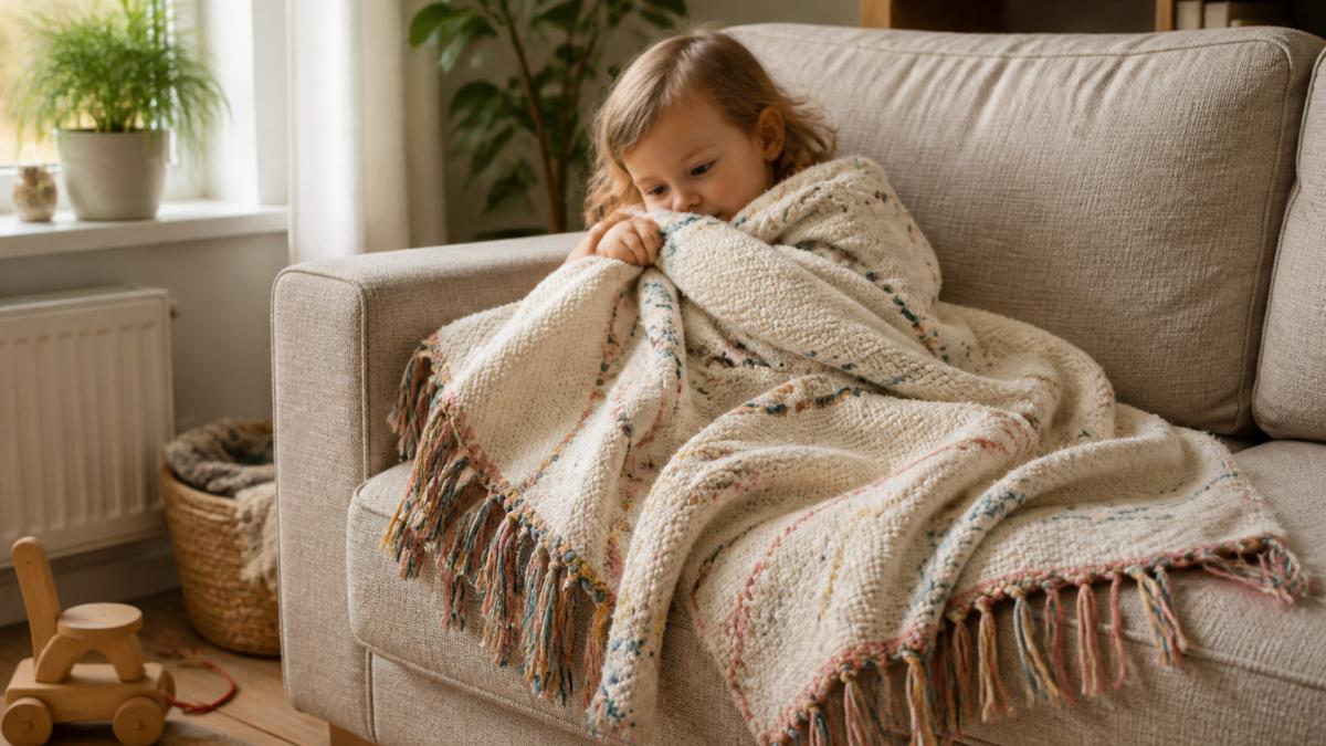 Toddler curled up on a linen sofa holding a soft woven blanket with colorful fringe in a cozy sunlit nursery