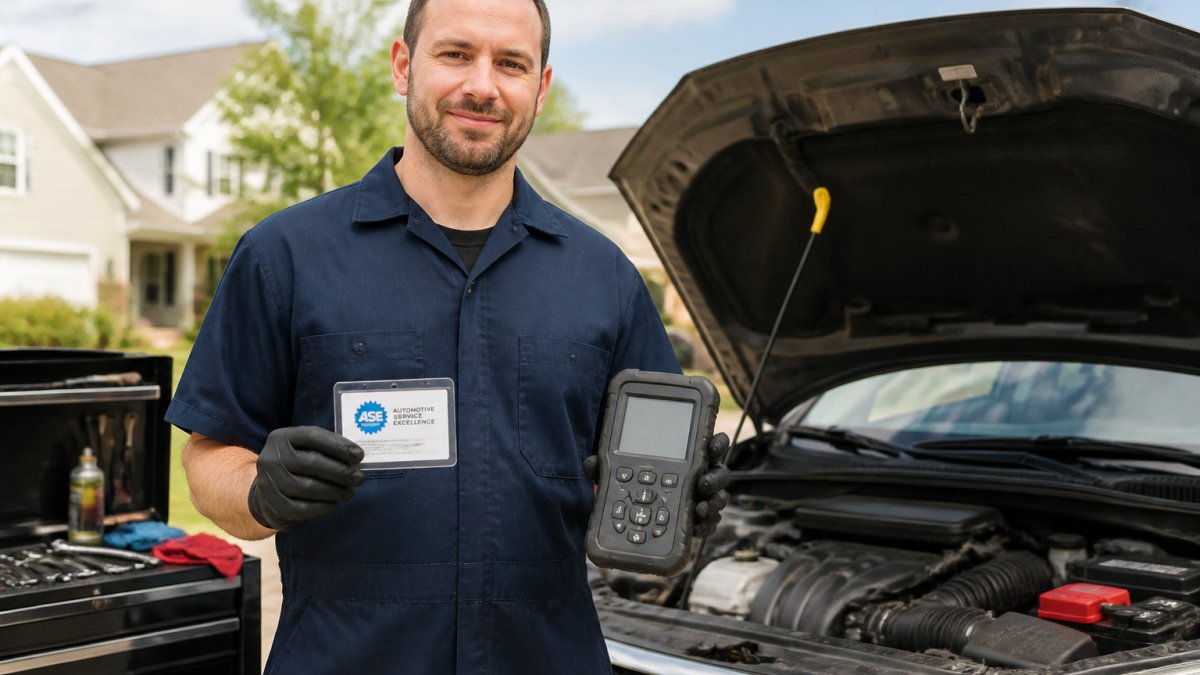 ASE-certified mechanic holding a diagnostic scanner while performing mobile mechanic diagnostics on a vehicle.