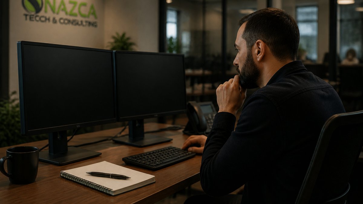 Security analyst reviewing a vendor scorecard at a workstation for an MSSP evaluation