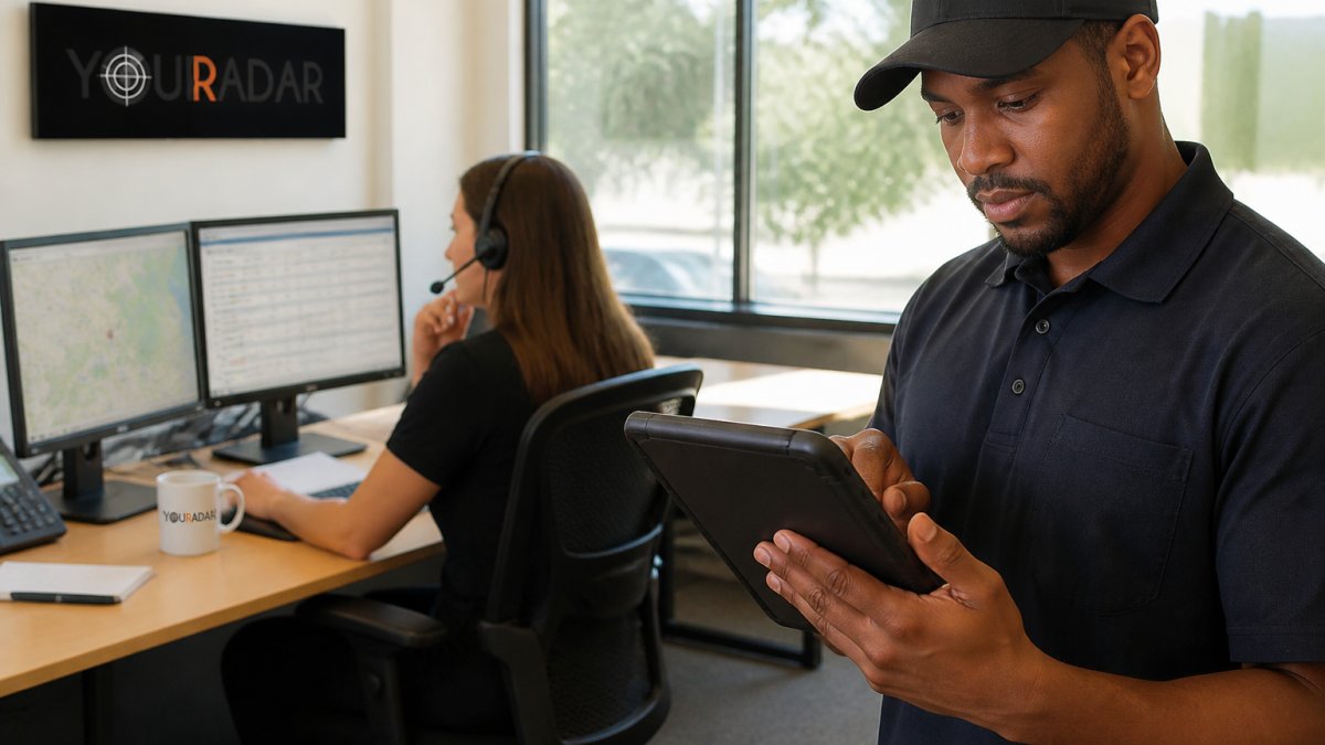 A dispatcher at a desk with two monitors showing a map and a job list, speaking into a headset while a technician in uniform checks a tablet in the foreground