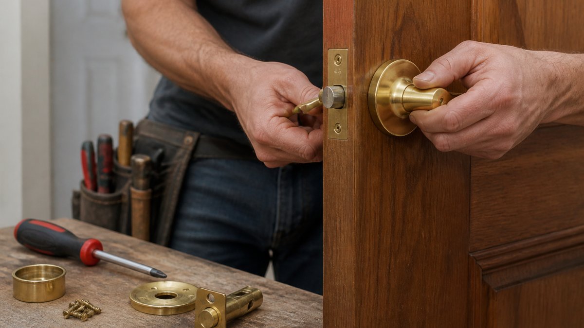 Contractor installing durable solid brass door hardware on a wooden door