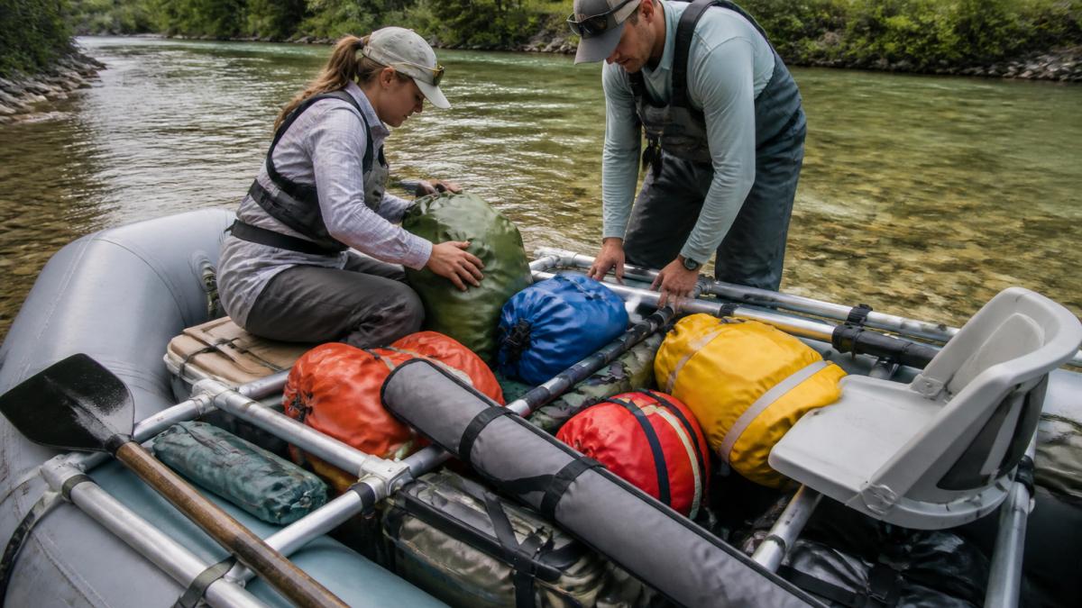 Anglers loading color-coded dry bags and gear for a multi-day river fishing trip onto a raft