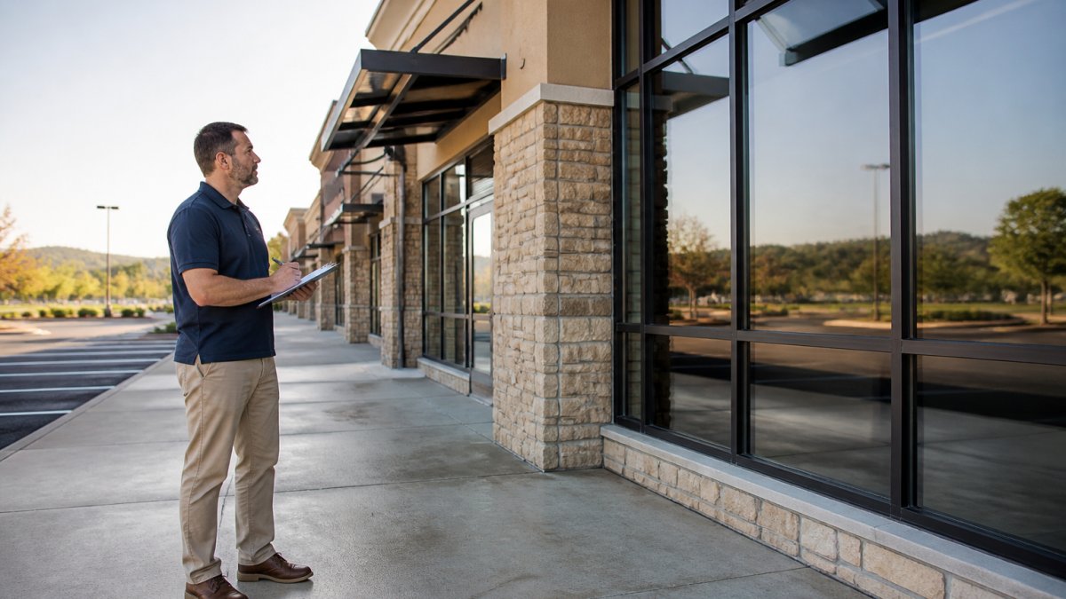 Property manager with a clipboard inspecting a clean storefront and entrance at sunrise