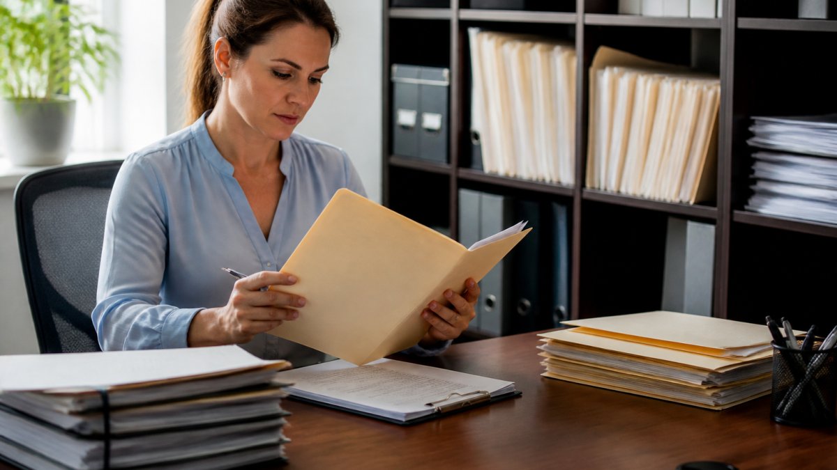 Professional healthcare administrator reviewing compliance documentation at desk with laptop and organized filing system, representing practical regulatory compliance management work