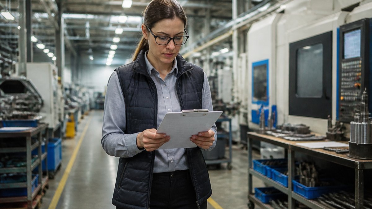 A quality manager in a manufacturing plant reviewing a printed audit checklist on a clipboard while walking the shop floor, machinery visible in the background