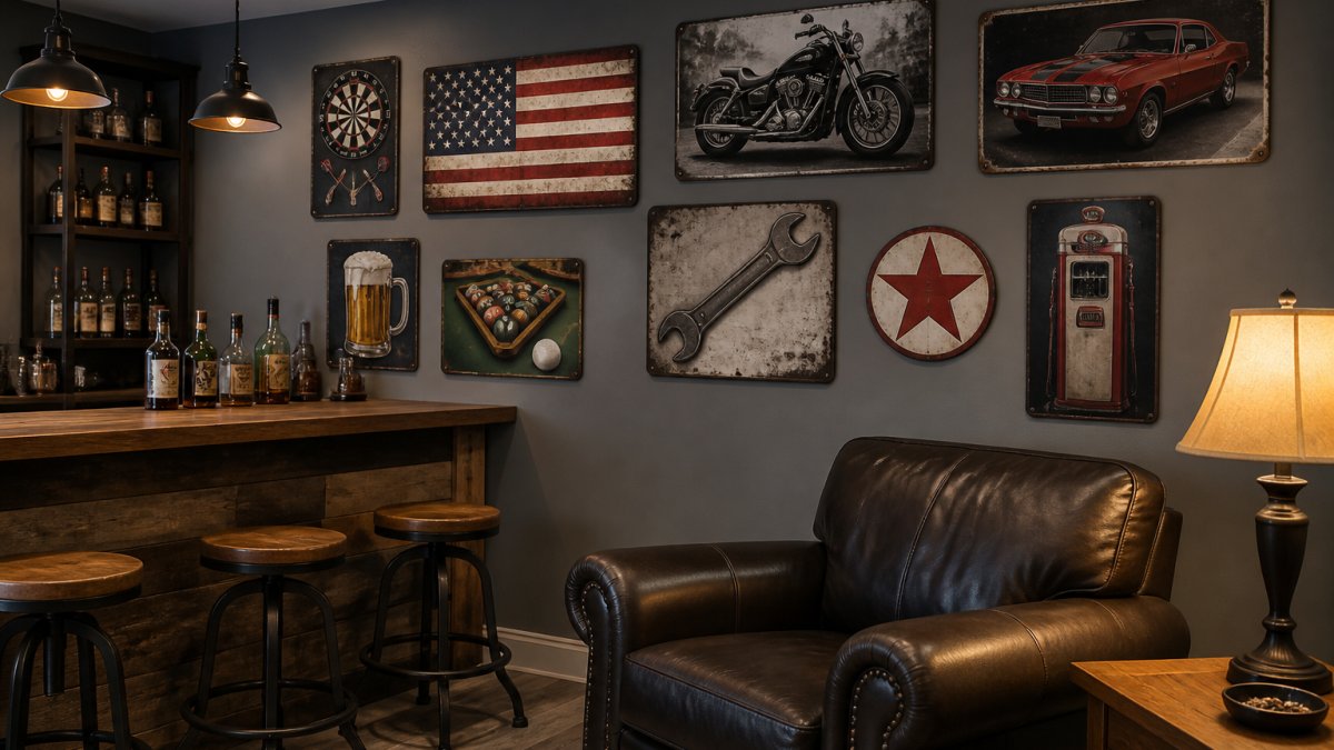 Aluminum metal signs arranged in a gallery layout above a home bar with a leather armchair and warm lighting
