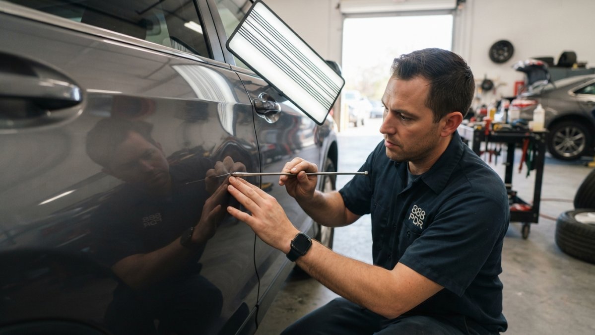 Technician using specialized tools to repair a small door ding, showing what size dents can be fixed with paintless repair.
