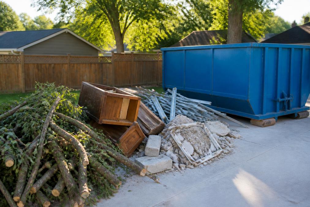 Backyard scene showing mixed piles of debris including tree branches, old wooden furniture, metal scrap, and construction waste stacked beside a parked roll-off dumpster container on a residential driveway with morning sunlight