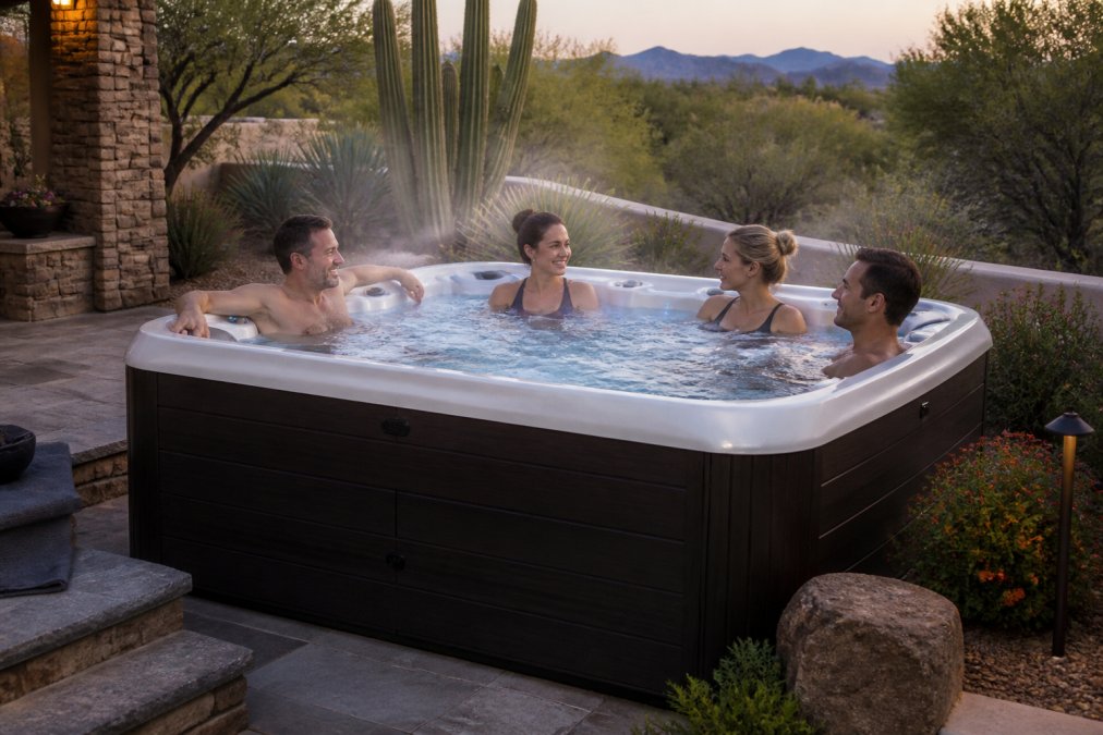 Four adults relaxing in a mid-size hot tub on a backyard patio, showing what size hot tub is best for a family of four.