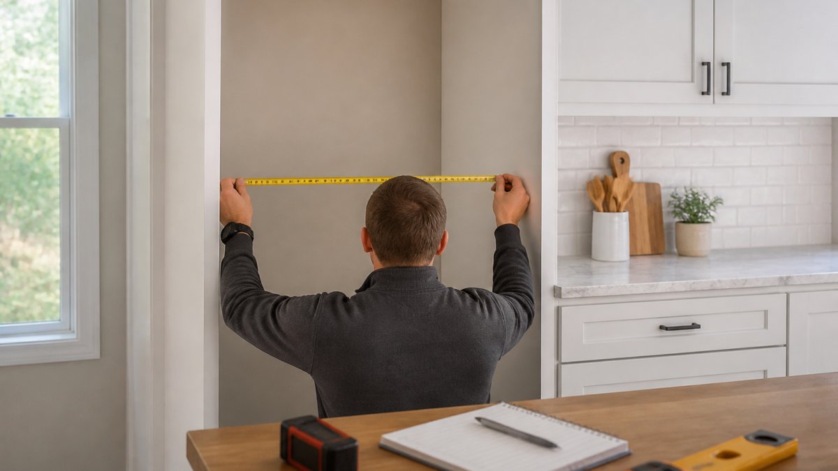 Person using a tape measure to check the refrigerator size for a kitchen cabinet opening