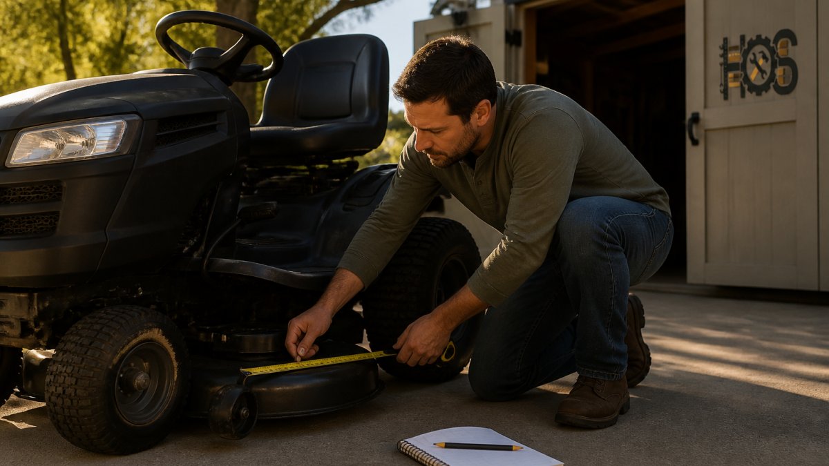 A homeowner kneeling beside a riding lawn mower in a sunny driveway, pulling a tape measure along the mower deck while a notepad and pencil rest on the concrete nearby