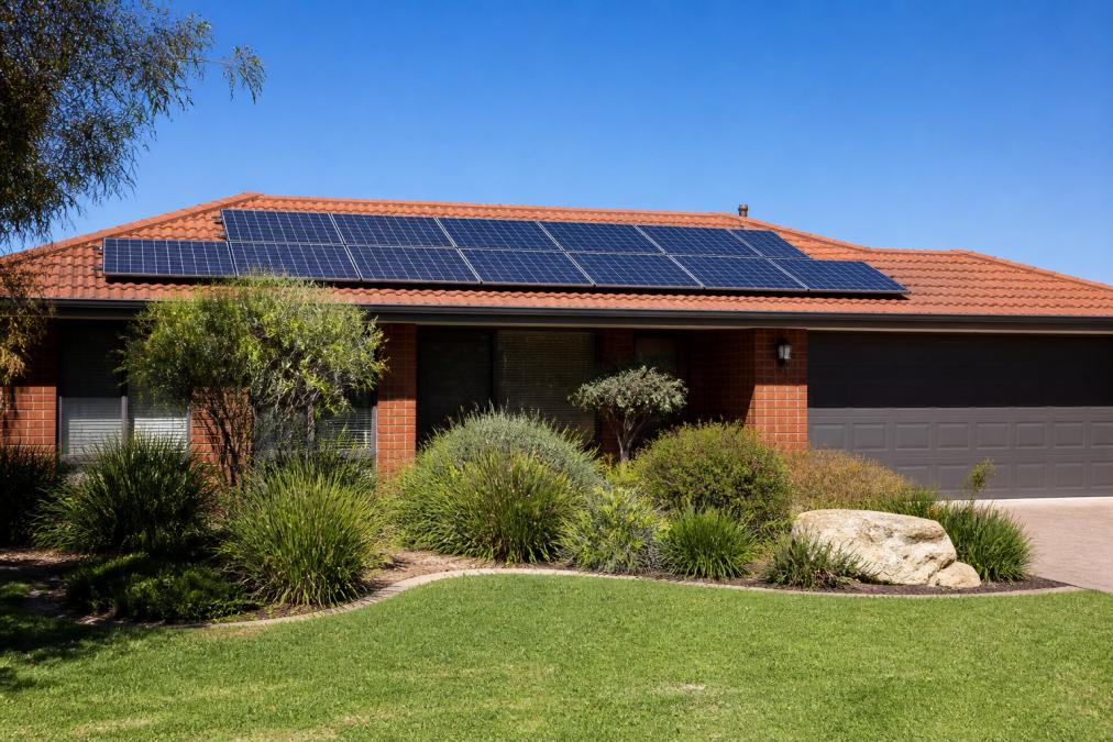 A modern Australian home with dark solar panels installed on a terracotta tile roof, bright sunny day with a clear blue sky, manicured green front yard with native plants