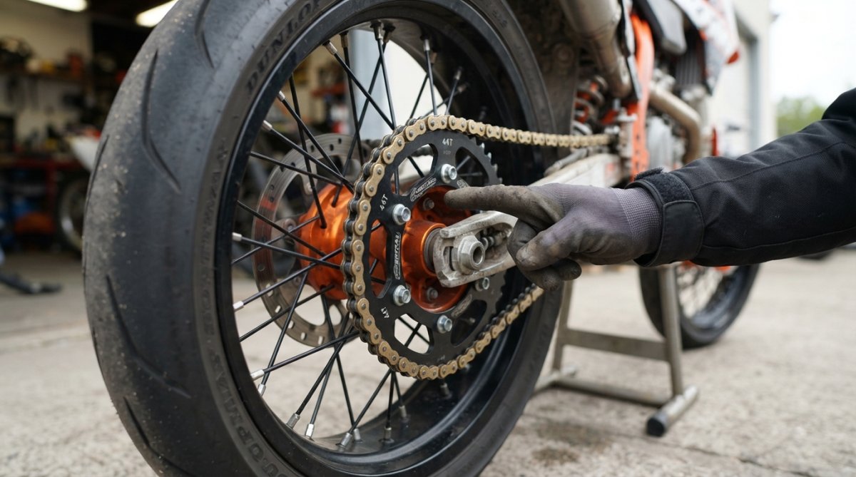 Close-up of motorcycle rear sprocket showing individual tooth count markings with a rider's hand pointing to specific teeth for reference, shot in natural outdoor lighting