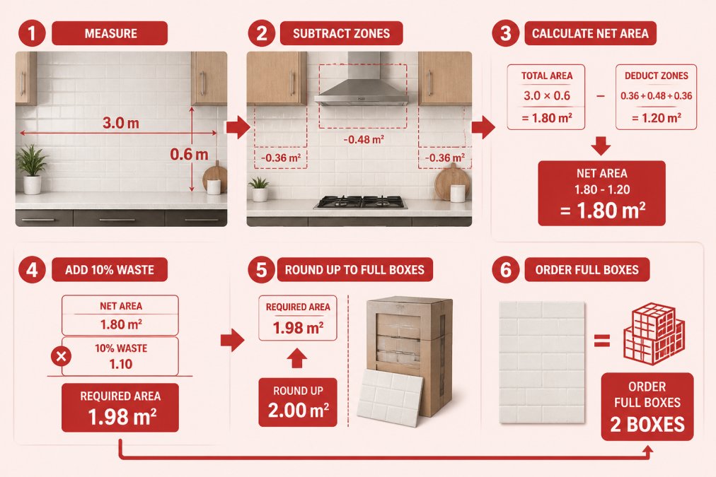 Flowchart showing splashback tile calculation: measure width 3.0 m and height 0.6 m, subtract cupboard and rangehood zones, multiply to get 1.8 m², add 10% waste for 1.98 m², round up to full boxes