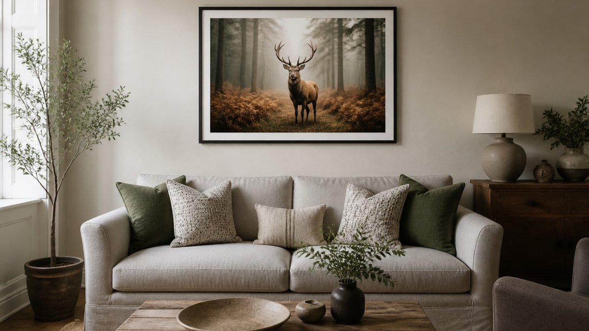 Framed woodland stag print hung on a bright living room wall above a sofa
