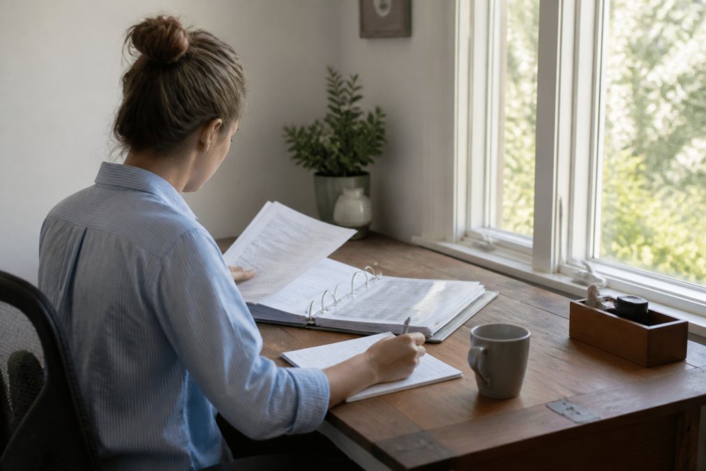 Person reviewing property documents on a laptop for title searching at a sunlit home office desk