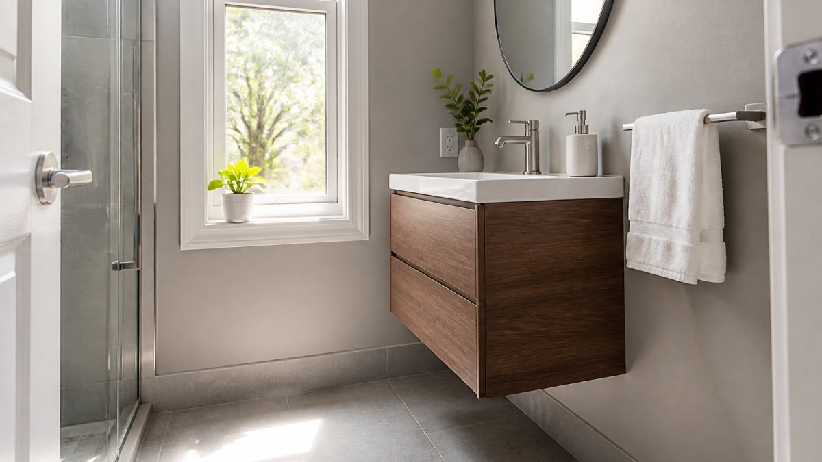 Modern compact bathroom featuring a sleek wall-mounted floating vanity with clean lines, open floor space below, and natural window lighting emphasizing the room's openness