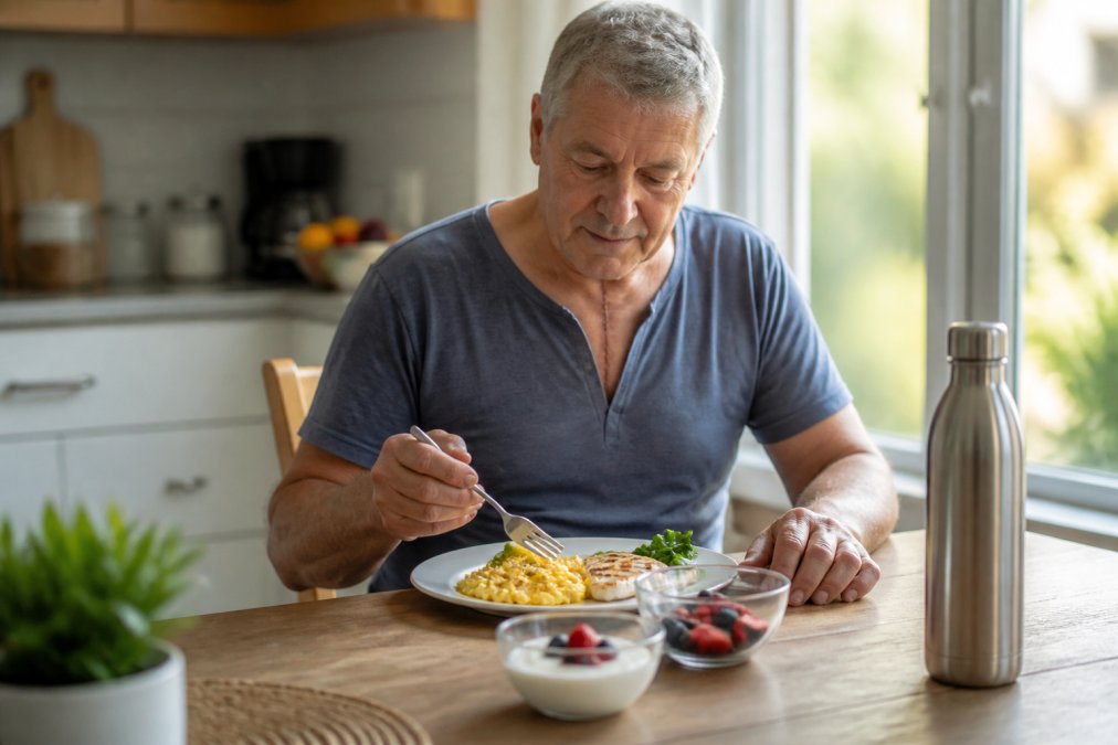 A heart surgery patient sitting at a kitchen table with a plate of high-protein foods including scrambled eggs, plain yogurt, and fresh berries, a stainless steel water bottle within reach, soft morning light through a window