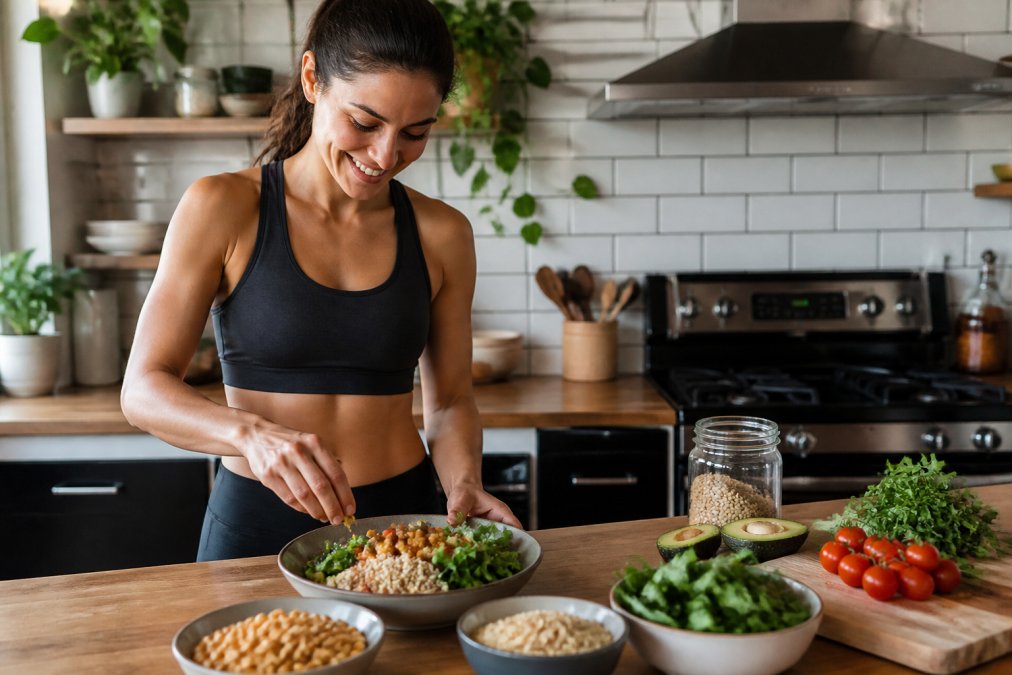 A runner in athletic gear preparing a colorful post-run meal with plant-based protein sources like quinoa, chickpeas, and leafy greens on a wooden kitchen counter