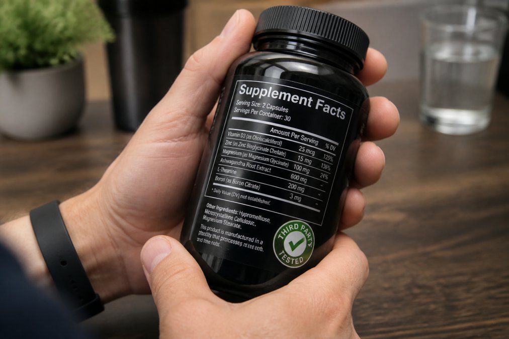 Close-up of hands holding a supplement bottle, with the label showing ingredient amounts and a third-party certification seal clearly visible