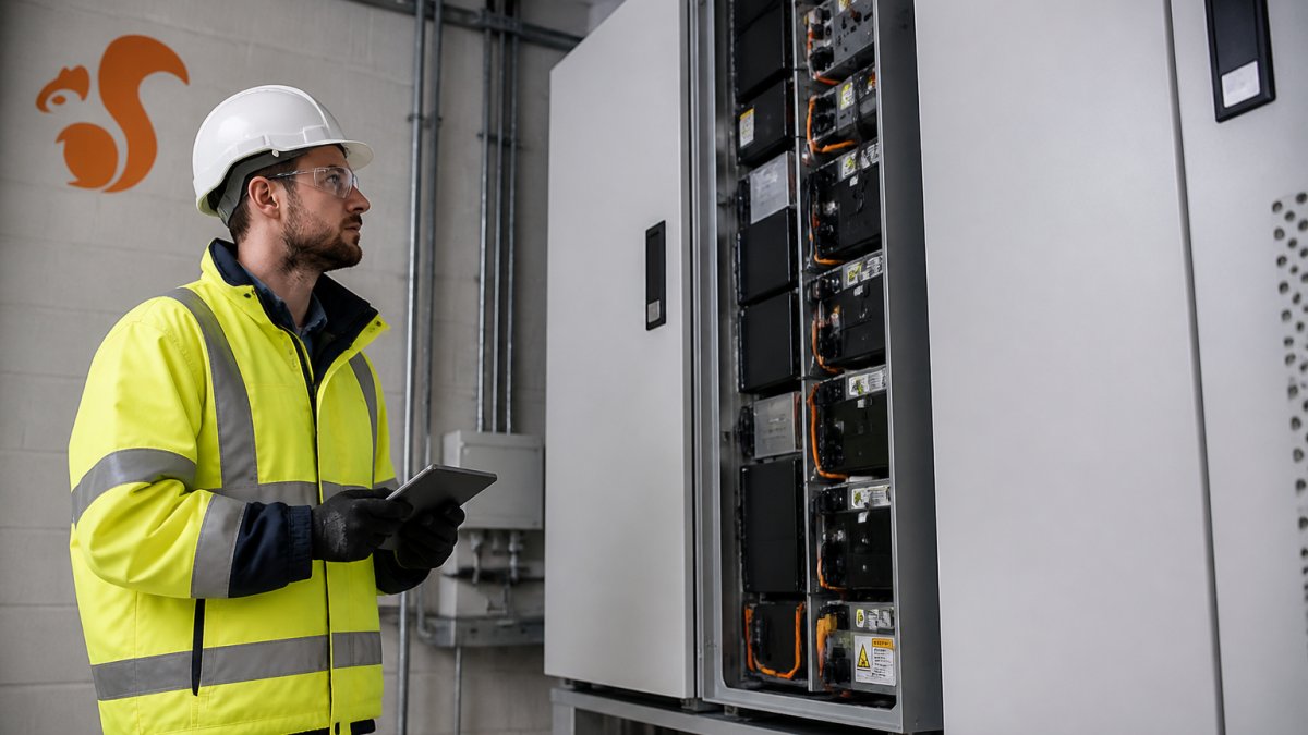 Engineer in safety gear checking a commercial battery storage support unit in an industrial plant room