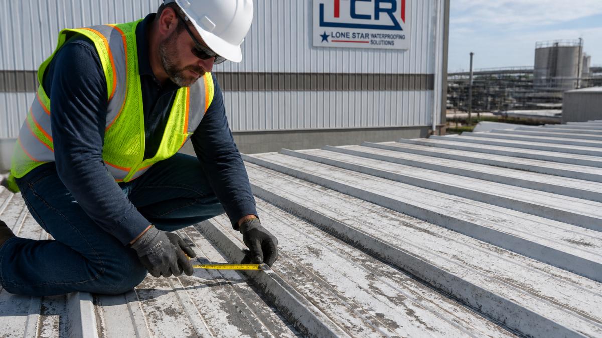 Technician in safety gear inspecting metal roof panels on industrial manufacturing facility, using measuring tools on weathered metal surface with factory building visible in background