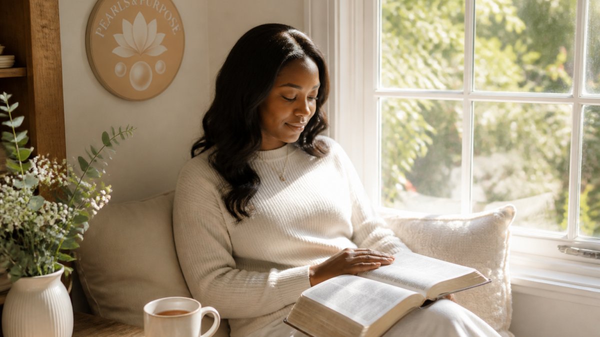 A woman reads her Bible by a sunlit window, reflecting on her woman's value and identity in quiet morning peace.