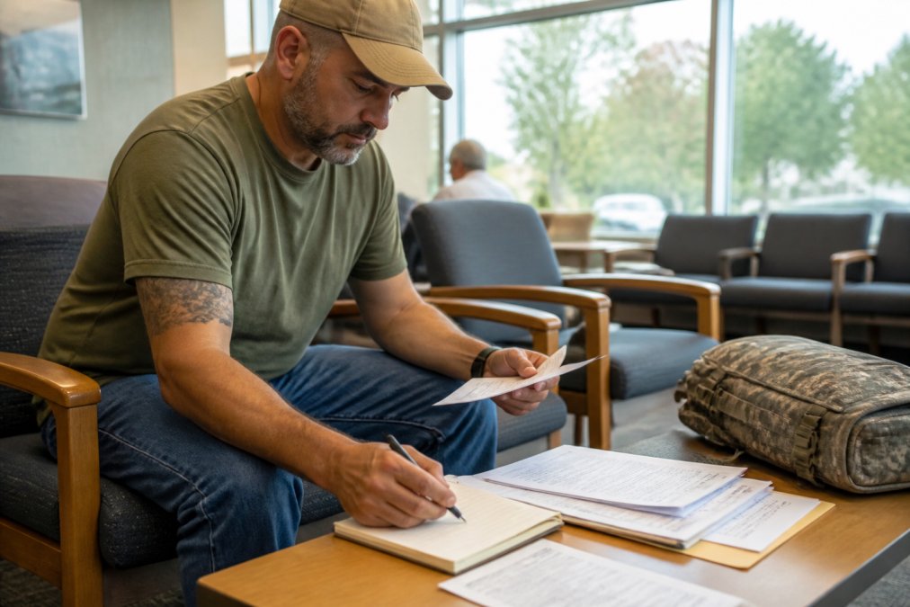 Veteran in VA clinic waiting room reviewing medical documents and notes before C&P examination appointment, natural lighting from windows, taking detailed notes