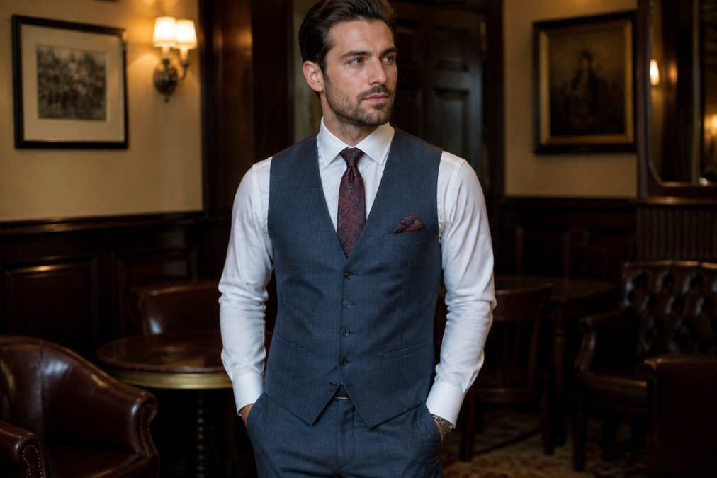 Professional man wearing steel blue waistcoat with burgundy paisley necktie, white dress shirt with proper collar, pocket square visible, standing in formal setting showing clean proportions and silhouette