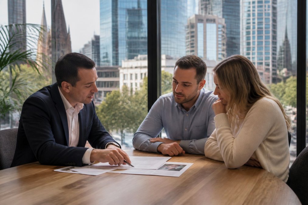 A professional buyer's agent sitting across a desk from a couple, reviewing property documents together in a modern Melbourne office with warm natural light streaming through floor-to-ceiling windows