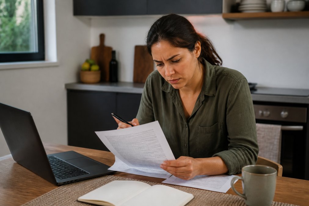 A concerned home buyer sitting at a kitchen table, reviewing a contract closely with a pen in hand, a laptop open beside them showing property listings, under warm overhead lighting