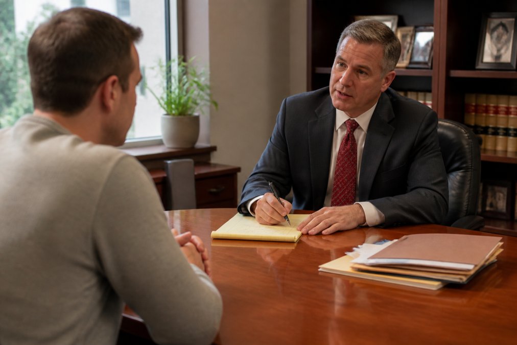 Infographic flowchart outlining the steps of a criminal defense attorney consultation process