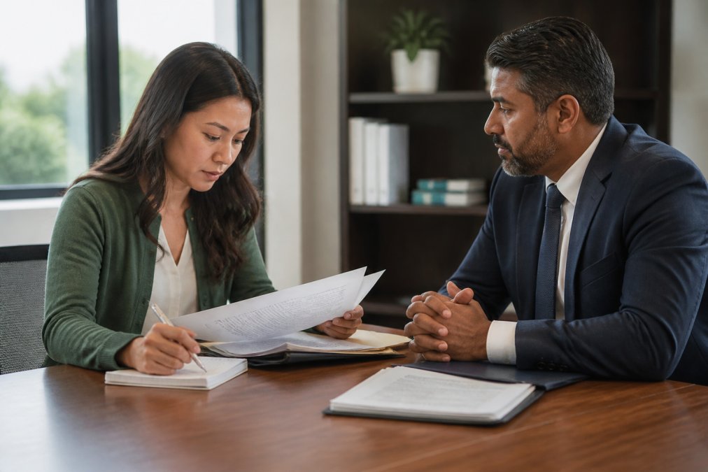Professional woman reviewing immigration documents and taking notes at desk during consultation with attorney, modern office setting with natural lighting from windows