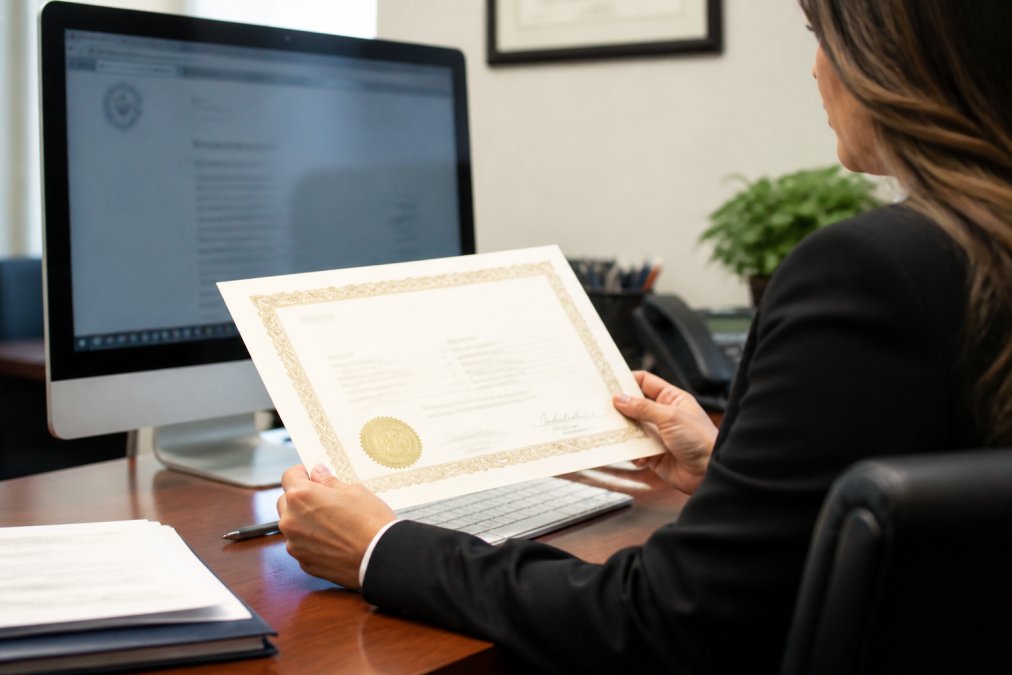 Close-up of hands holding bar association license certificate while reviewing verification on computer screen in professional office