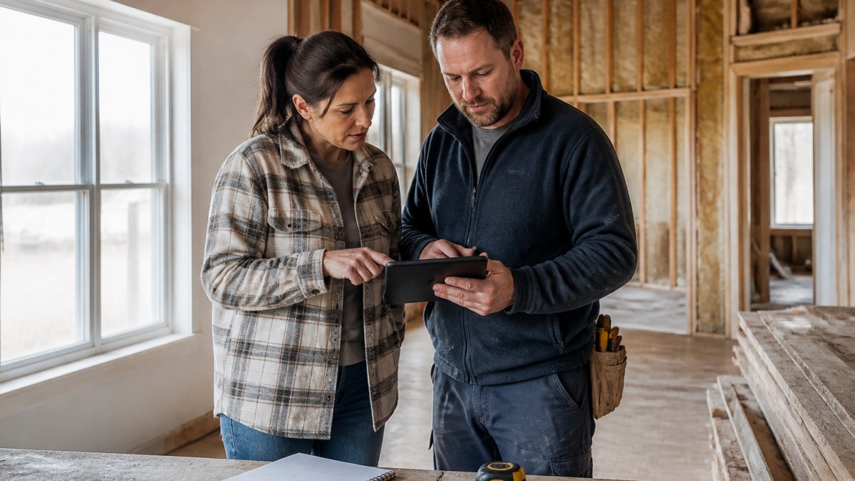 A homeowner and a contractor standing in an unfinished room, reviewing plans on a tablet together, natural light through a window, notebook and measuring tape on a nearby surface