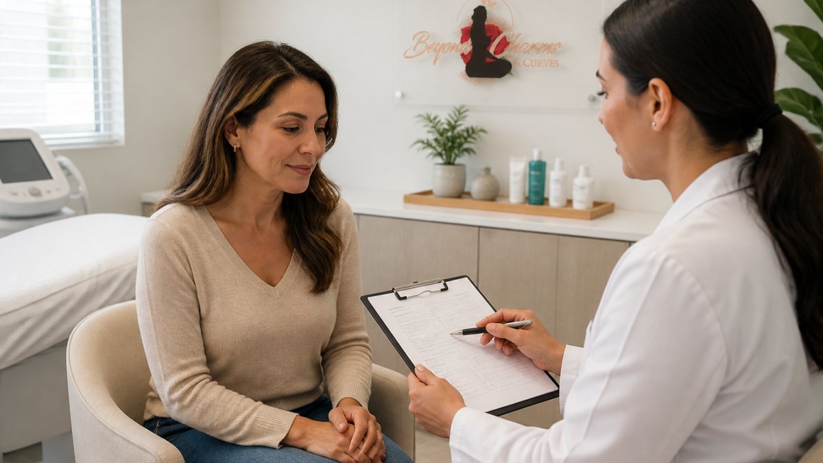 Woman in her 40s reviewing medical credentials with a provider before botox treatment in a bright clinic.
