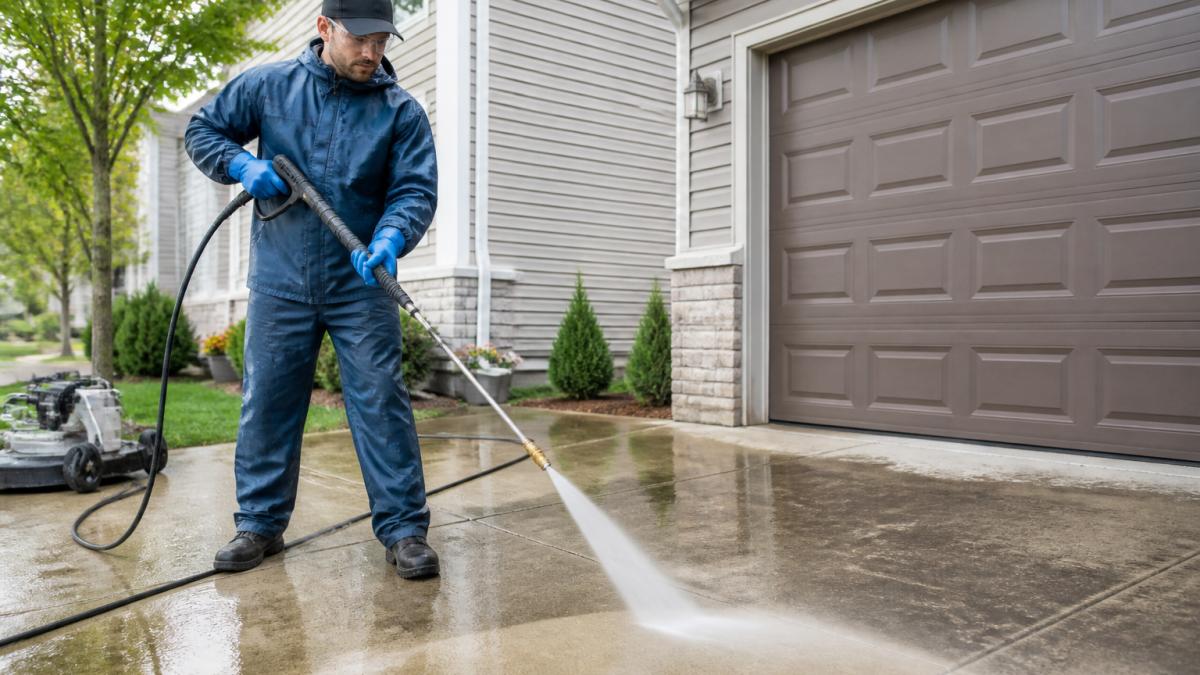 Technician from a pressure washing company wearing safety gear while cleaning a residential concrete driveway