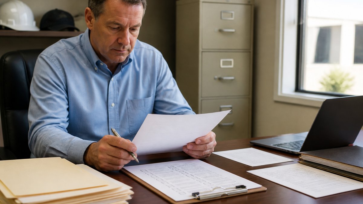 A commercial property manager reviewing contractor documents and a clipboard checklist at a desk in an office, filing cabinet and laptop nearby, soft daylight from a window