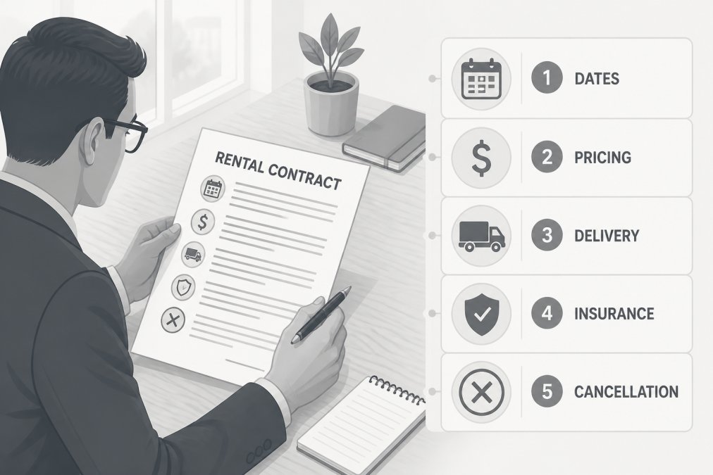 Professional reviewing a detailed rental contract document at a wooden table with a pen and notepad, examining terms and conditions carefully in natural daylight