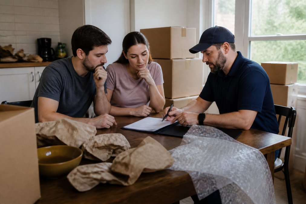 A couple sitting at a kitchen table reviewing paperwork with a moving company representative, boxes stacked in the background, natural daylight through a window