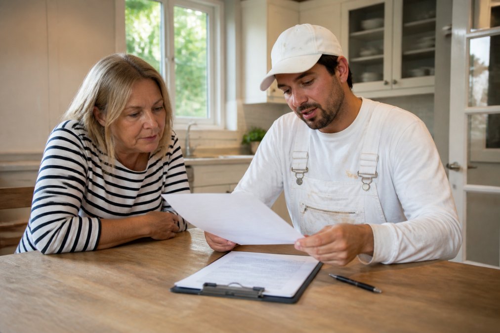 A homeowner and a painting contractor reviewing insurance certificates and licensing documents at a kitchen table, clipboard and pen visible, soft afternoon light through a window