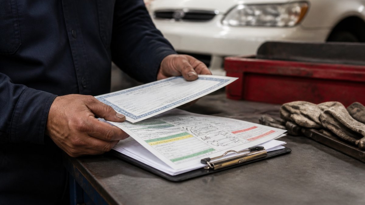 Mechanic holding a vehicle title and inspection report while buying a used car from a trusted dealership.