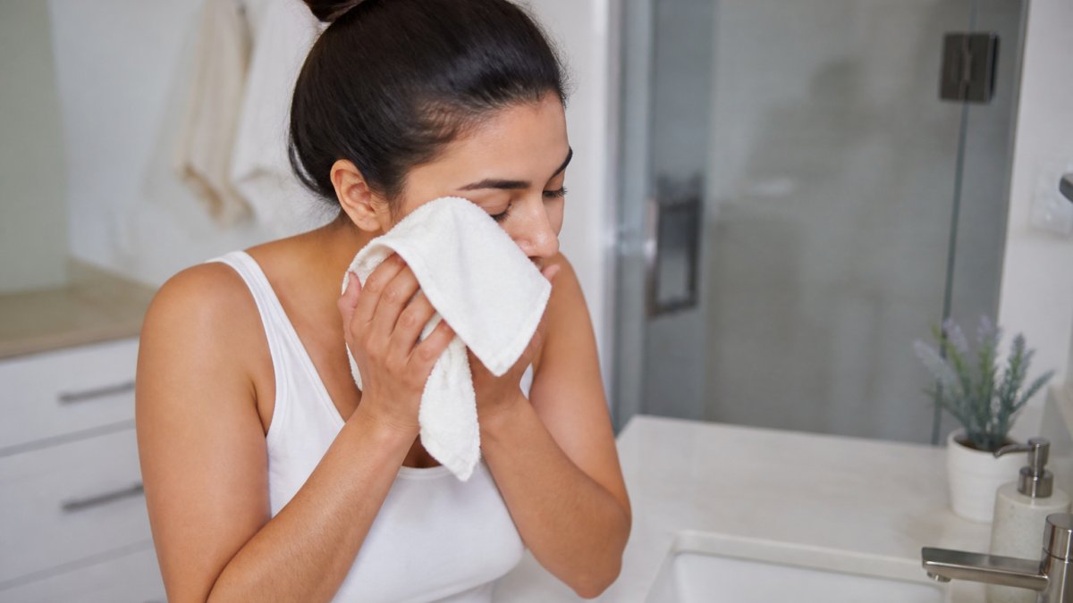 A person in a bathroom gently washing their face with a cloth, carefully avoiding their eyes, with a calm and cautious expression