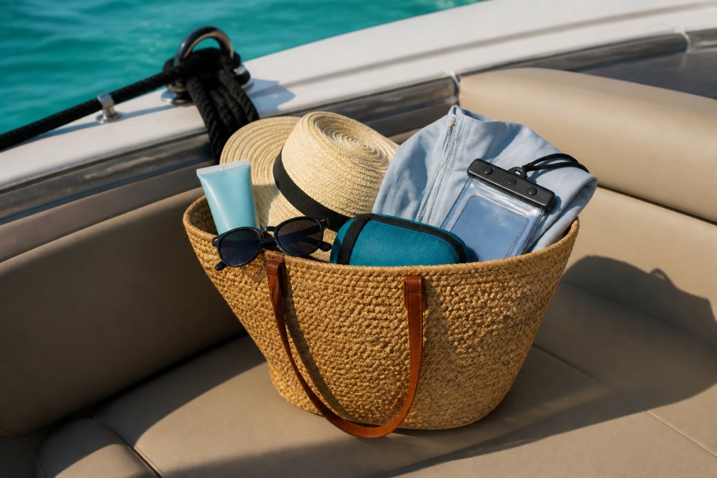 Woven tote bag with essentials for yacht charter packing on a sunny boat deck overlooking turquoise water.