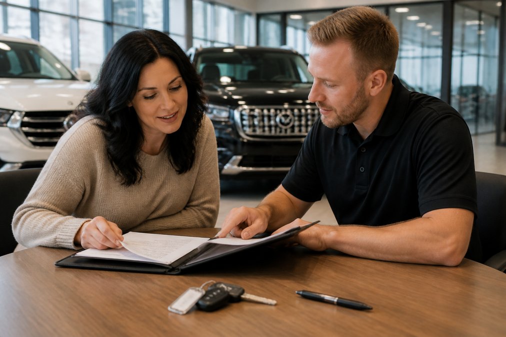 A person sitting at a dealership desk reviewing a folder of documents with a salesperson, car keys and a pen on the table, bright showroom in the background