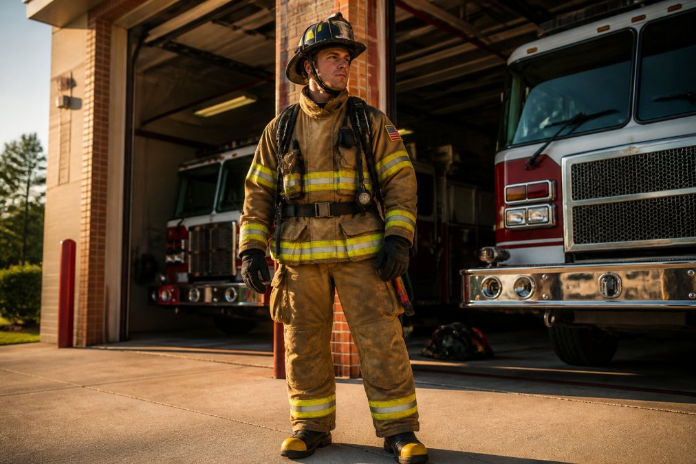 New firefighter recruit in full personal protective equipment including turnout gear, duty boots, and tactical gear standing confidently at a fire station entrance with morning light