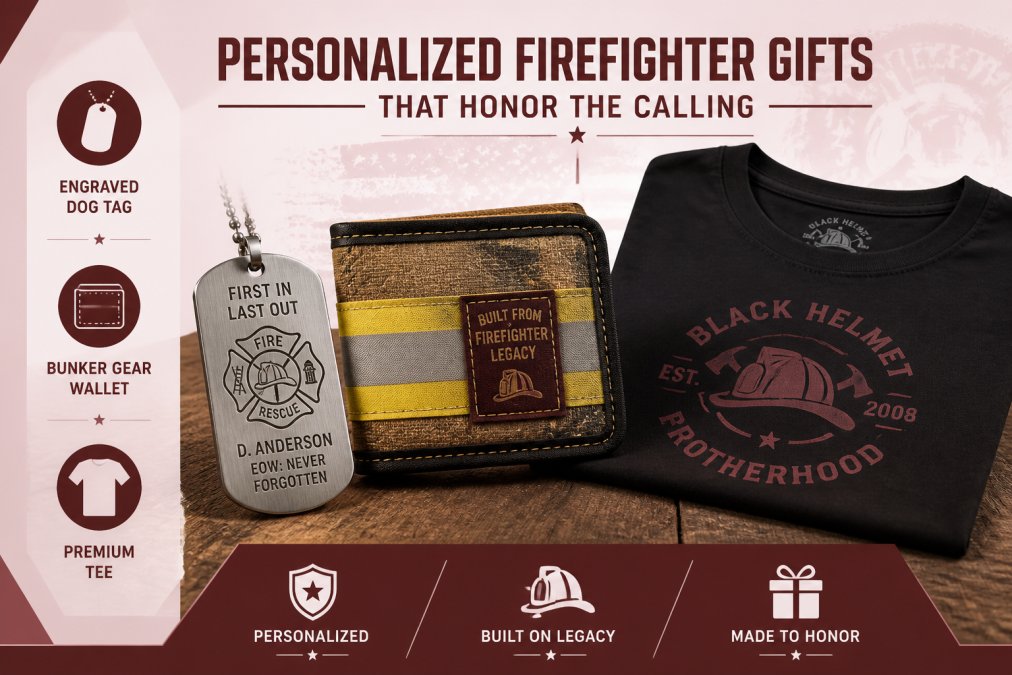 Close-up of personalized firefighter items including an engraved brushed steel dog tag with maltese cross, a wallet made from real decommissioned bunker gear, and a premium Black Helmet tee arranged on a wooden table with warm lighting