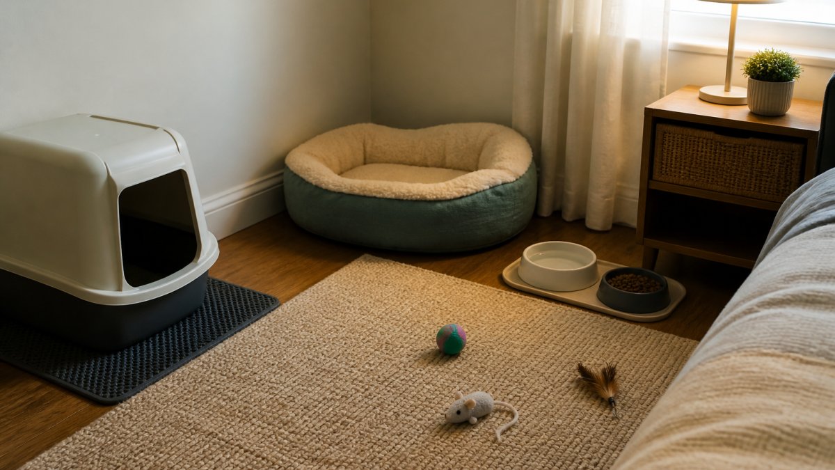 A cozy cat safe room with a soft bed, litter box, water bowl, and toys arranged in a quiet bedroom corner.