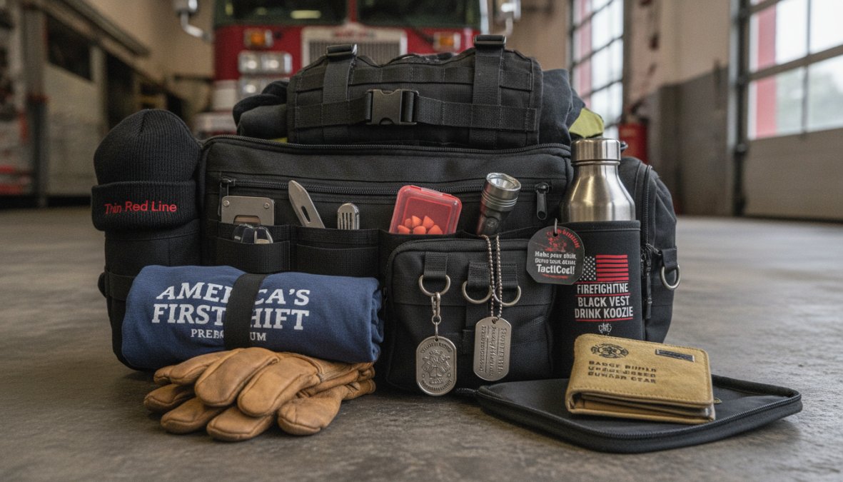 A firefighter's station bag laid out on a wooden table with organized contents including multi-tools, rescue shears, helmet light, merino wool socks, Black Helmet apparel, insulated tumbler, and personal care items neatly arranged