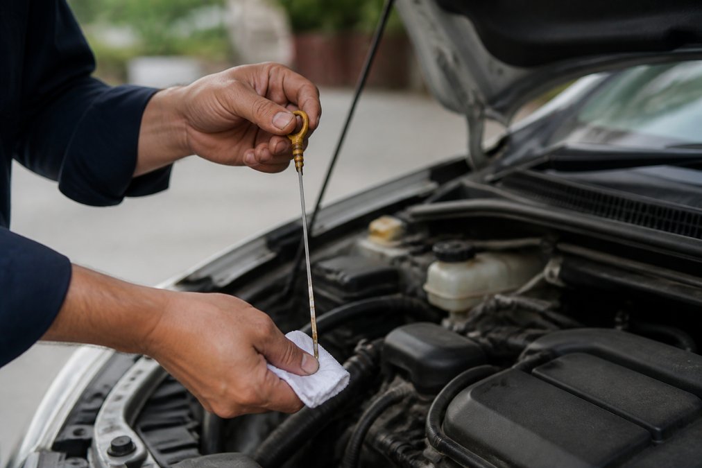 Close-up of car owner's hands checking engine oil dipstick under open hood in natural daylight, with fluid level clearly visible and engine compartment details in focus